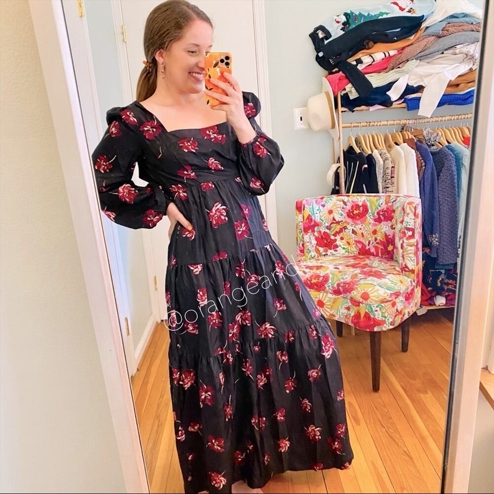 NICHOLAS Black Pink Floral Square Neck Long Balloon Sleeve Silk Maxi Dress 6
